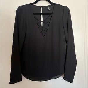 Black Long Sleeve Blouse with Deep Crisscross Neckline